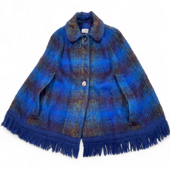 The Scotch House Blue Wool Mohair Tartan Plaid Button Cape Wrap Jacket - Picture 11 of 11